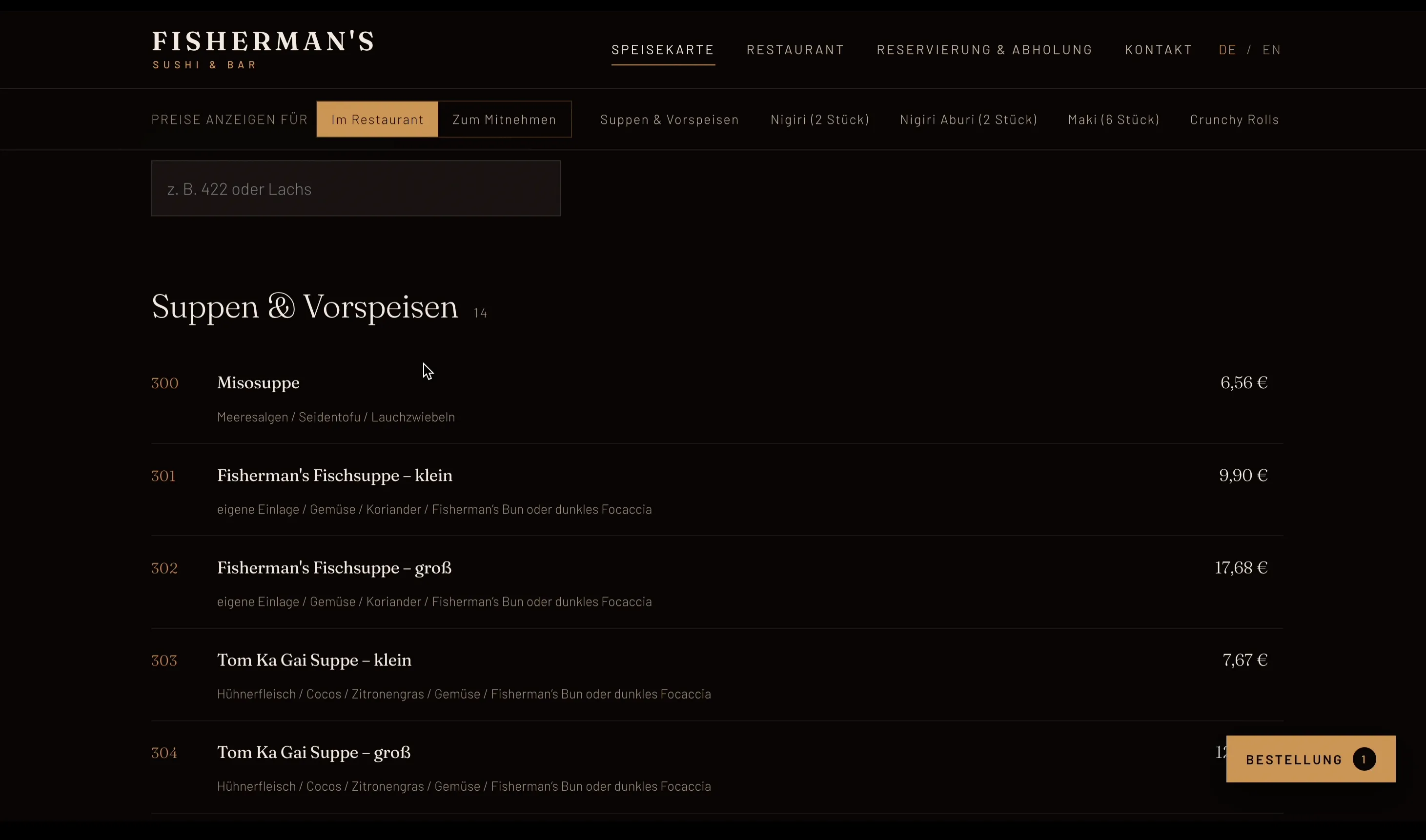 The menu page, with a toggle between in-restaurant and takeaway prices.