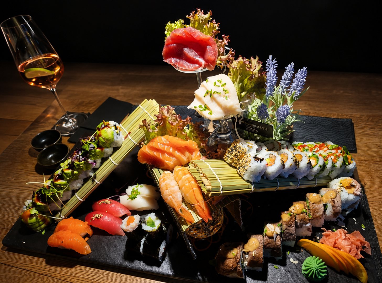 Große Sushi-Platte mit Sashimi, Nigiri und Rolls
